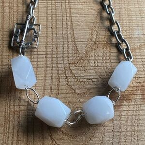 Elegant White Square Cut Milk Agate Chain Necklace with Silver tone Square Clasp